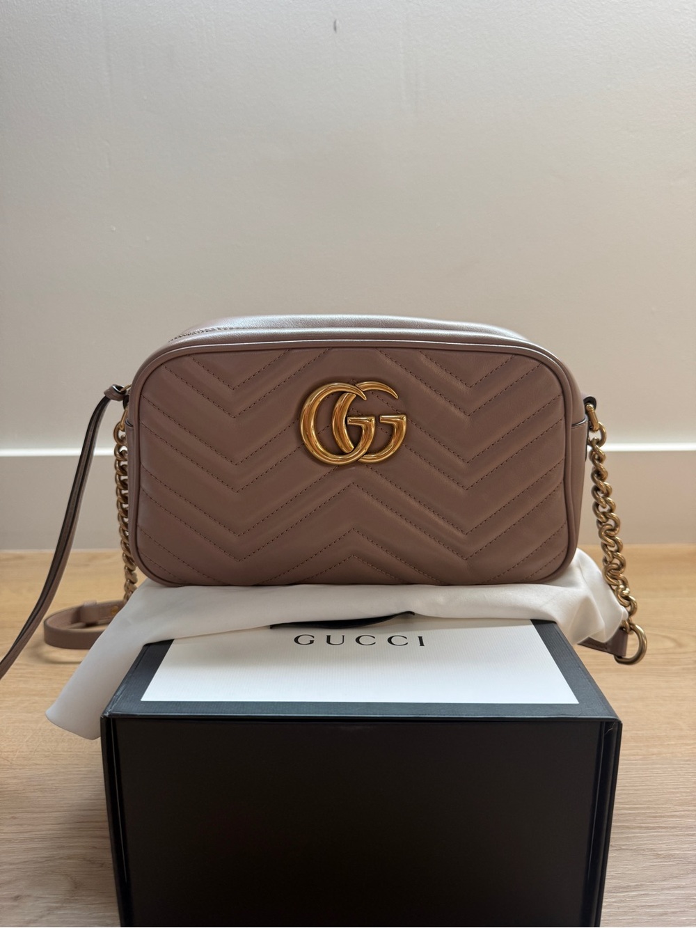 Gucci Quilted Leather GG Marmont Crossbody in Taupe